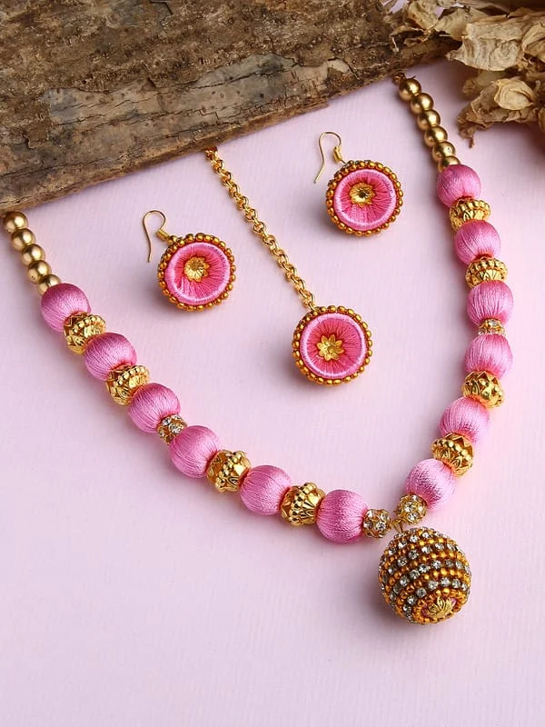 Best Rose Silk Thread Manga Tikka Necklace Set at Lowest Price